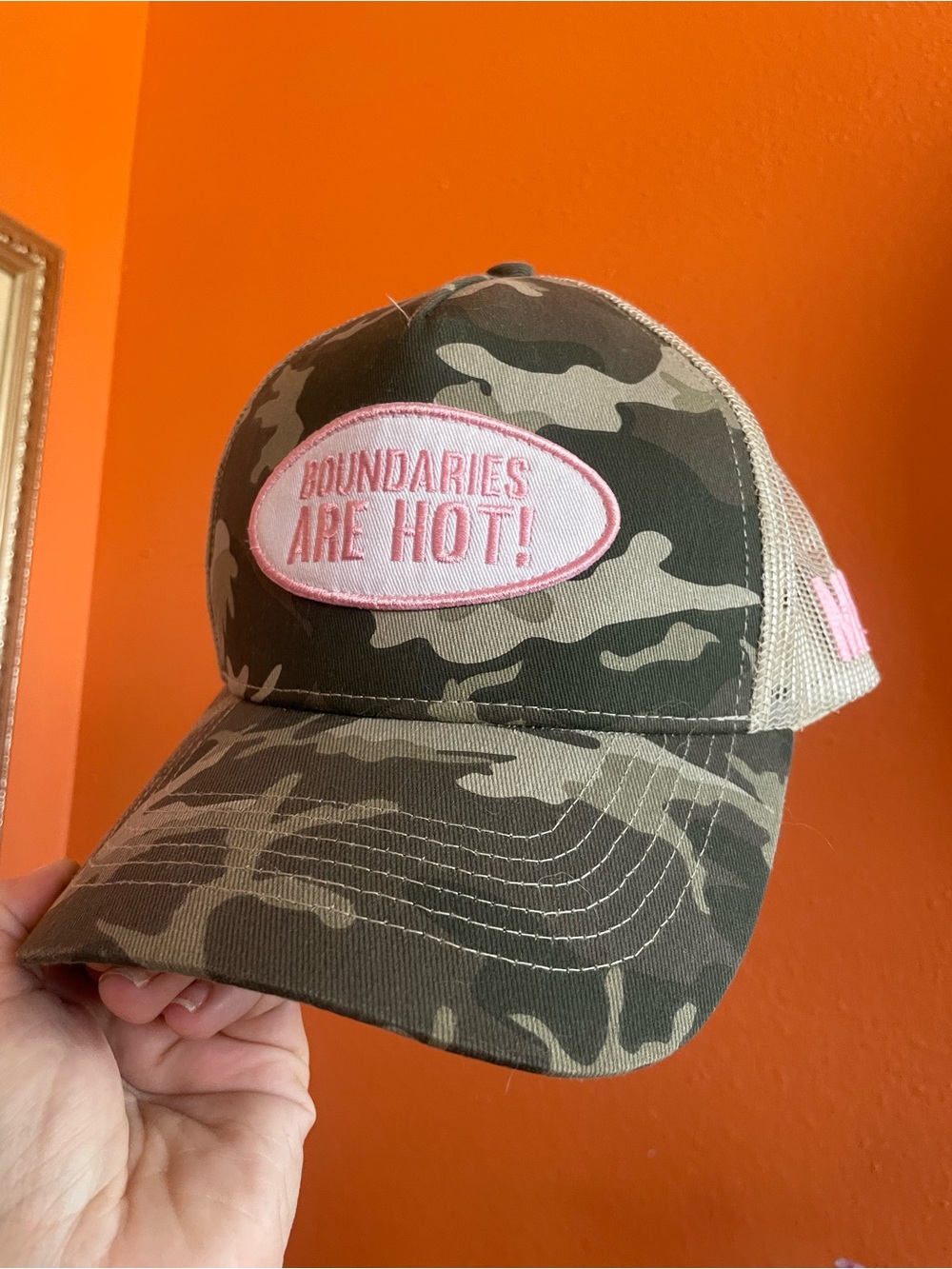Camouflage Trucker Hat with Pink 'Boundaries Are Hot!' Patch